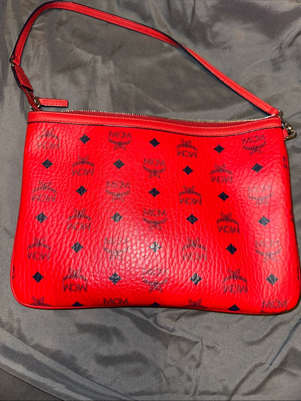 MCM Red Logo Print Leather Wristlet Pouch